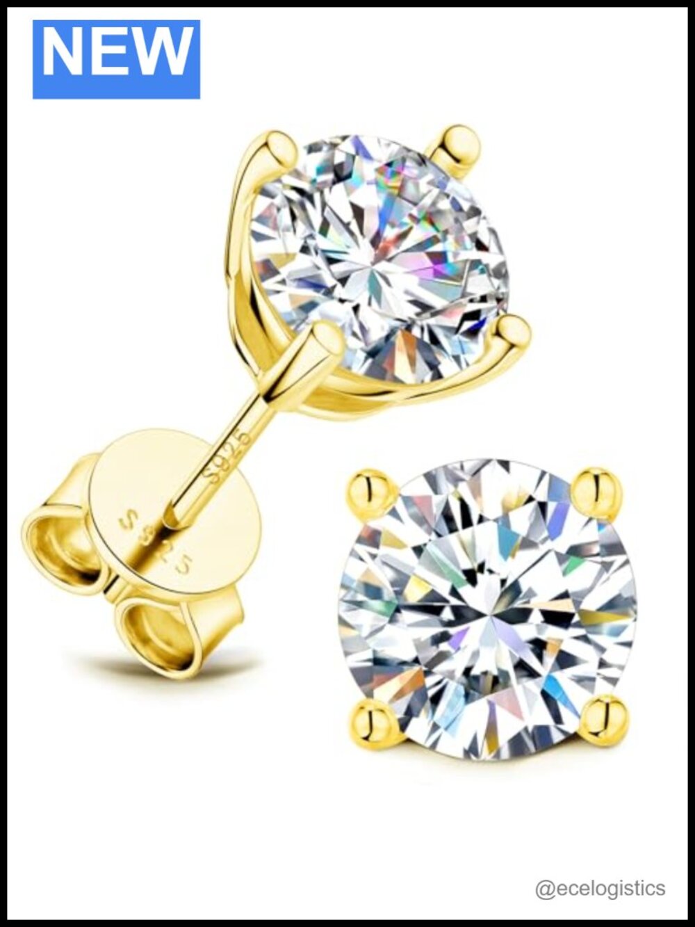 Moissanite Stud Earrings 925 Sterling Silver 14K Gold Plated VVS1 Round Cut